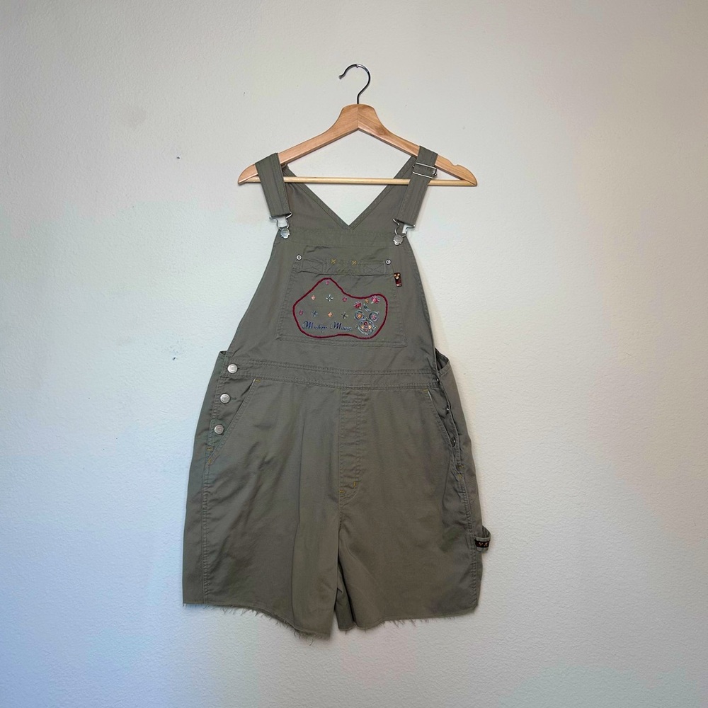 Disney Mickey Mouse Short Overalls Army Green Size L Embroidered Pockets Vintage